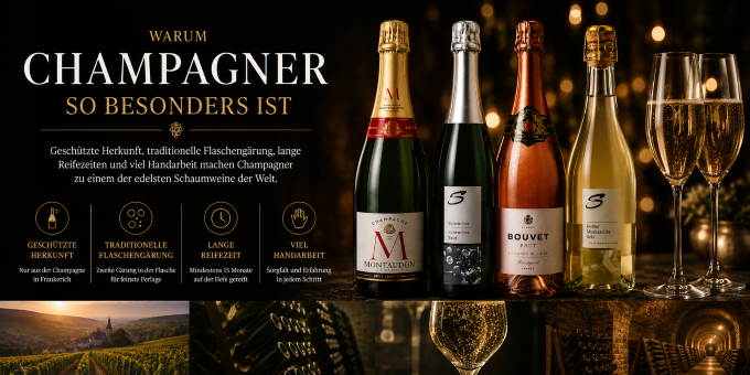 Warum Champagner so besonders ist – Champagner, Crémant und Winzersekt im Vergleich mit Informationen zu traditioneller Flaschengärung, Herkunft und Qualität.