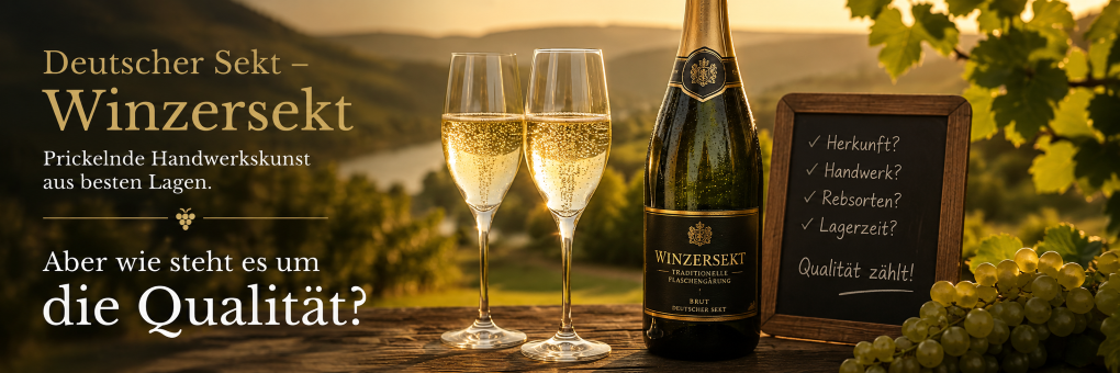Stimmungsbild mit deutschem Sekt und Winzersekt vor Weinbergen – Vergleich von Herkunft, traditioneller Flaschengärung und Qualitätsmerkmalen hochwertiger Schaumweine.