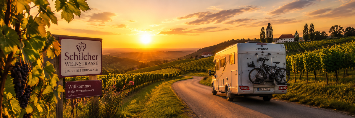 Wohnmobil auf der Schilcher Weinstraße bei Sonnenuntergang zwischen Weinbergen nahe Ligist und Eibiswald – stimmungsvolles Panorama der Weststeiermark.