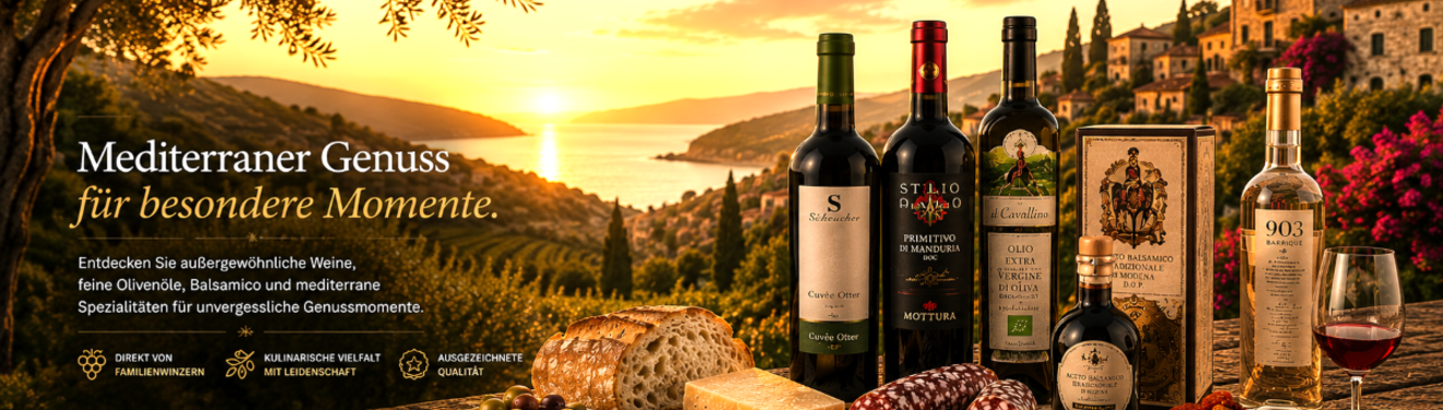Mediterrane Genusswelt mit Premiumweinen von Weinkontor Scheucher und Mottura, italienischem Bio-Olivenöl, traditionellem Balsamico, Grappa und Feinkost vor einer stimmungsvollen Küstenlandschaft bei Sonnenuntergang.